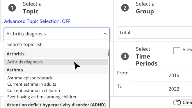 Screenshot of the dropdown list for topic selection in the Data Query System.