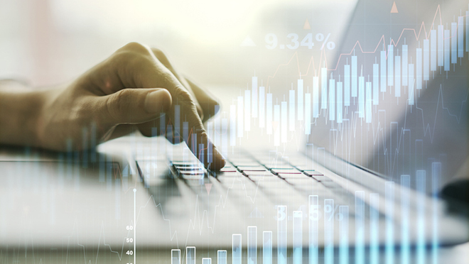 Image of a person pressing a button on a computer with a transparent bar graph superimposed over the image