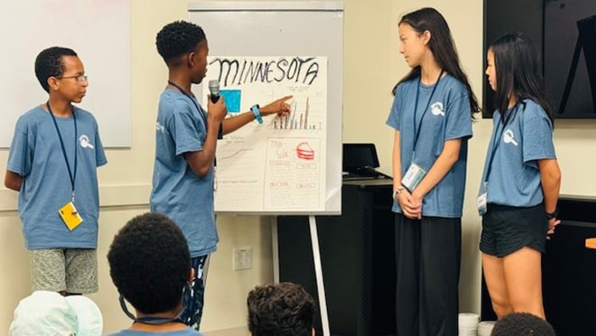 A group of 4 young people stand at the front of the room and present data for Minnesota