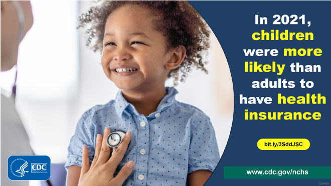 Little boy smiling. Text: In 2021, children were more likely than adults to have health insurance