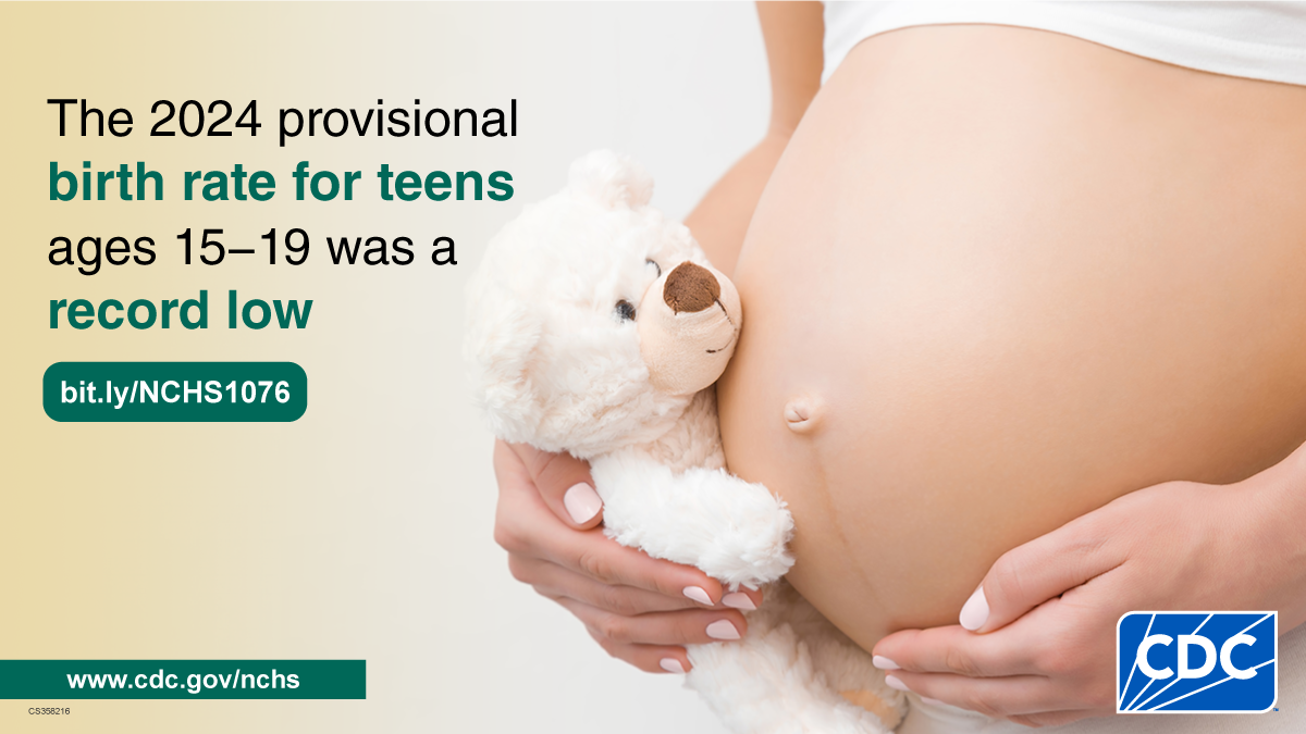 Young pregnant female holds white teddy bear to belly. Text states 2024 provisional teen birth rate was a record low.