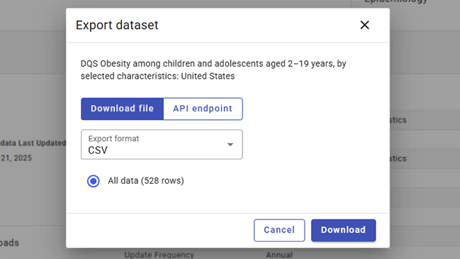 Screenshot from data.cdc.gov showing options for downloading data.