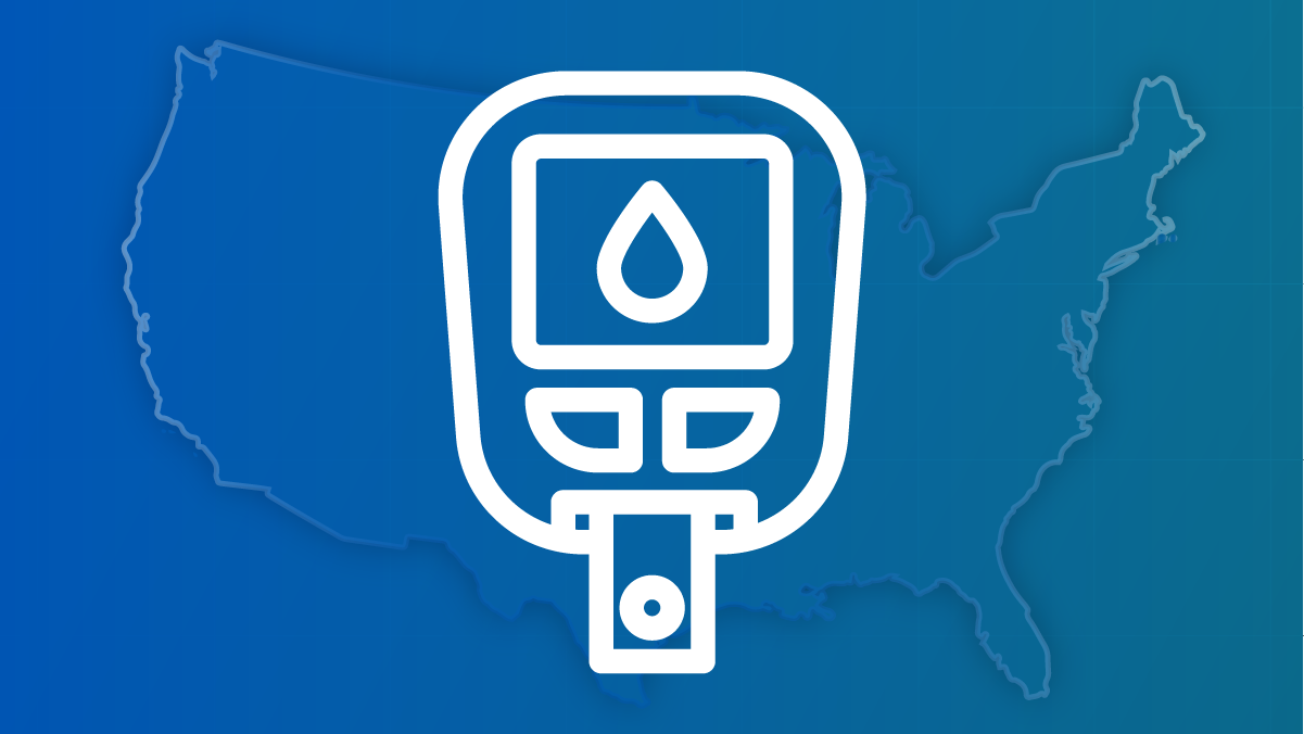 An outline of a blood glucometer, used to measure blood sugar, against a U.S. map.