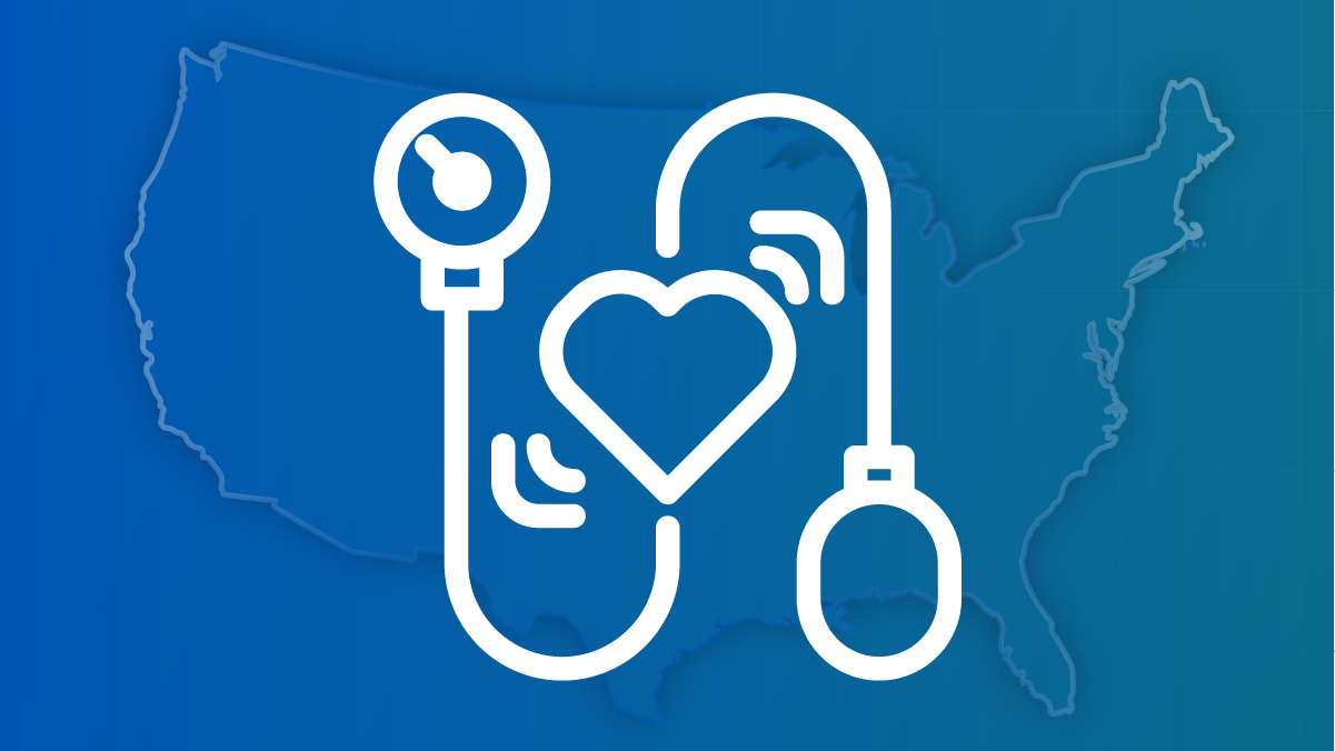 An outline of a sphygmomanometer, used to measure blood pressure, against a U.S. map.