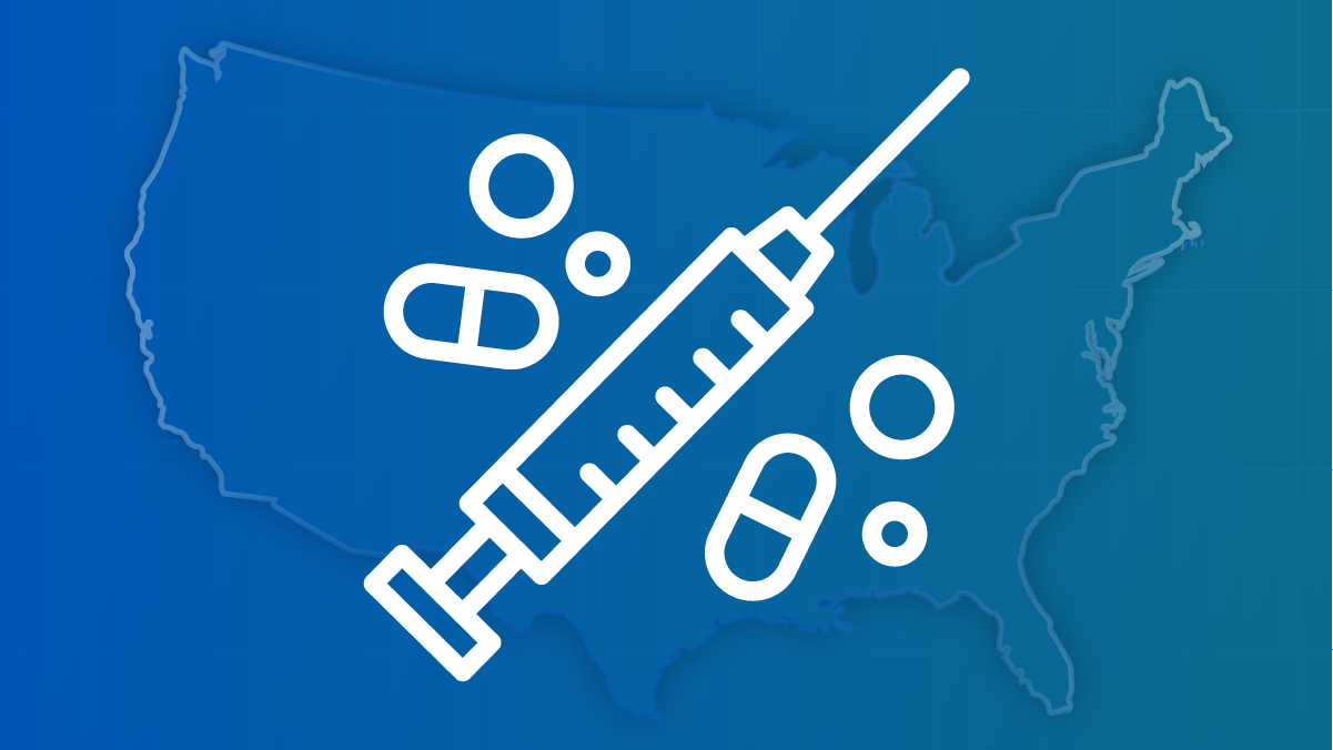 An outline of a syringe and pills against a U.S. map.