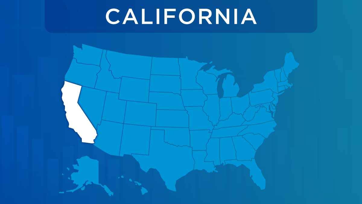 U.S. map with the state of California highlighted.