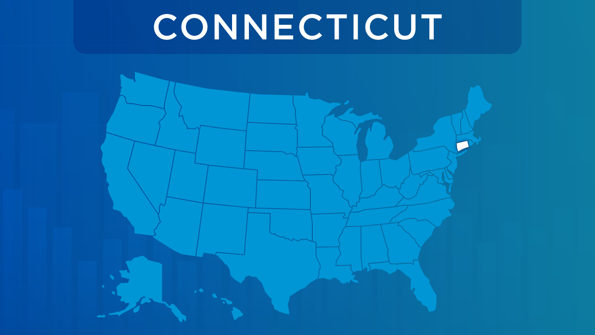 U.S. map with the state of Connecticut highlighted.