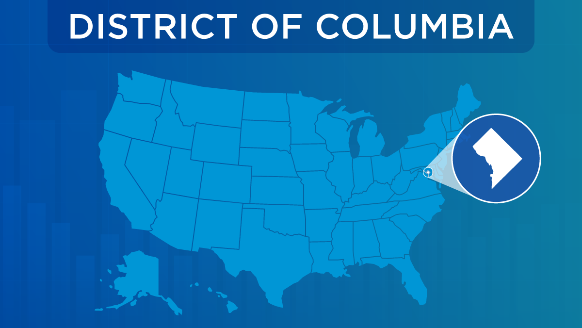 U.S. map with the state of District of Columbia highlighted.