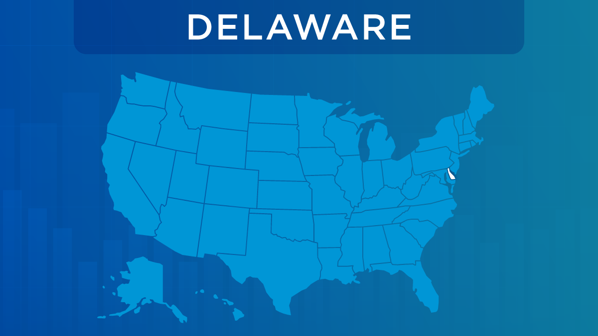 U.S. map with the state of Delaware highlighted.