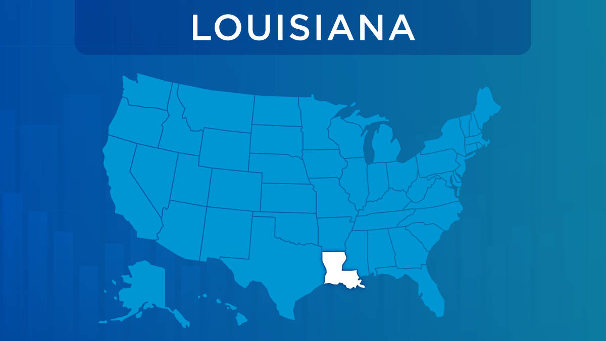 U.S. map with the state of Louisiana highlighted.