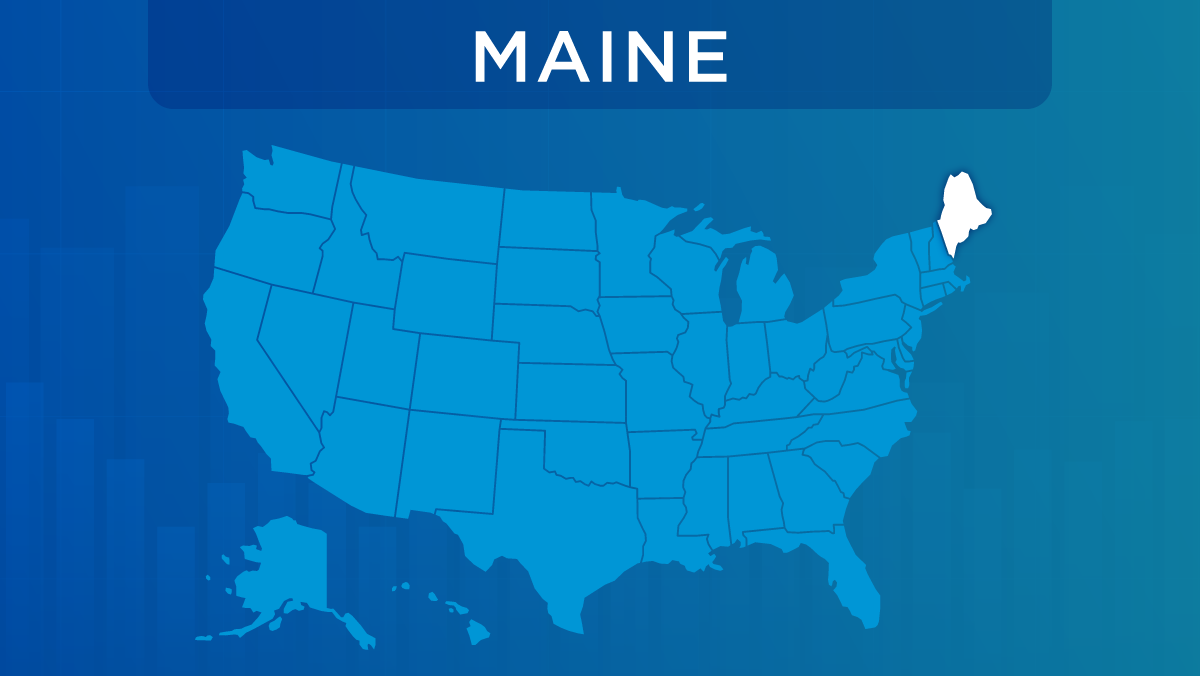 U.S. map with the state of Maine highlighted.