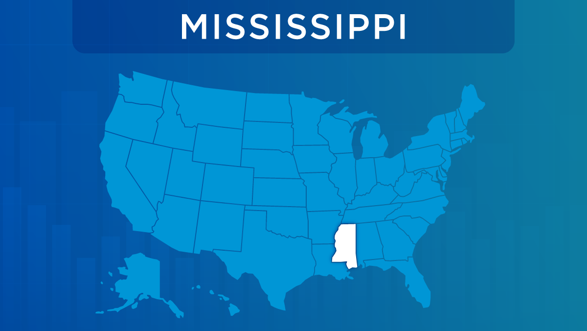 U.S. map with the state of Mississippi highlighted.
