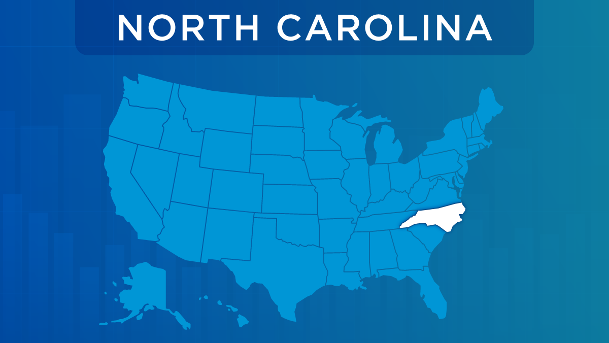U.S. map with the state of North Carolina highlighted.