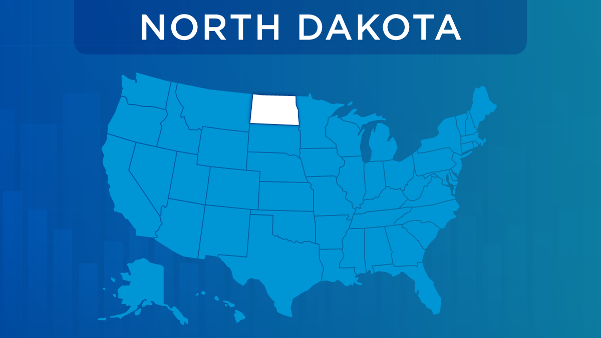 U.S. map with the state of North Dakota highlighted.