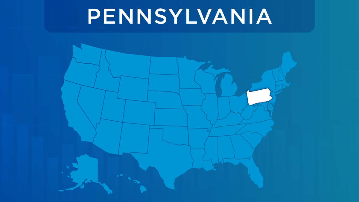 U.S. map with the state of Pennsylvania highlighted.