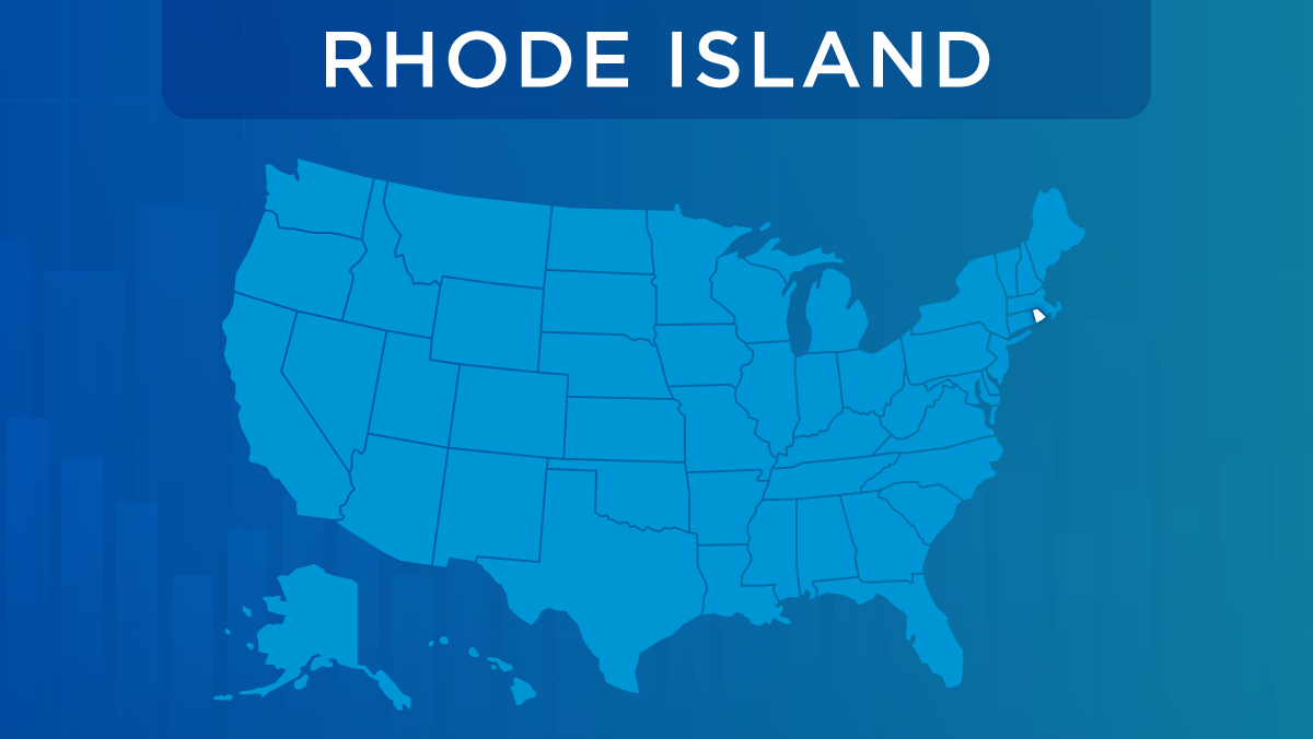 U.S. map with the state of Rhode Island highlighted.