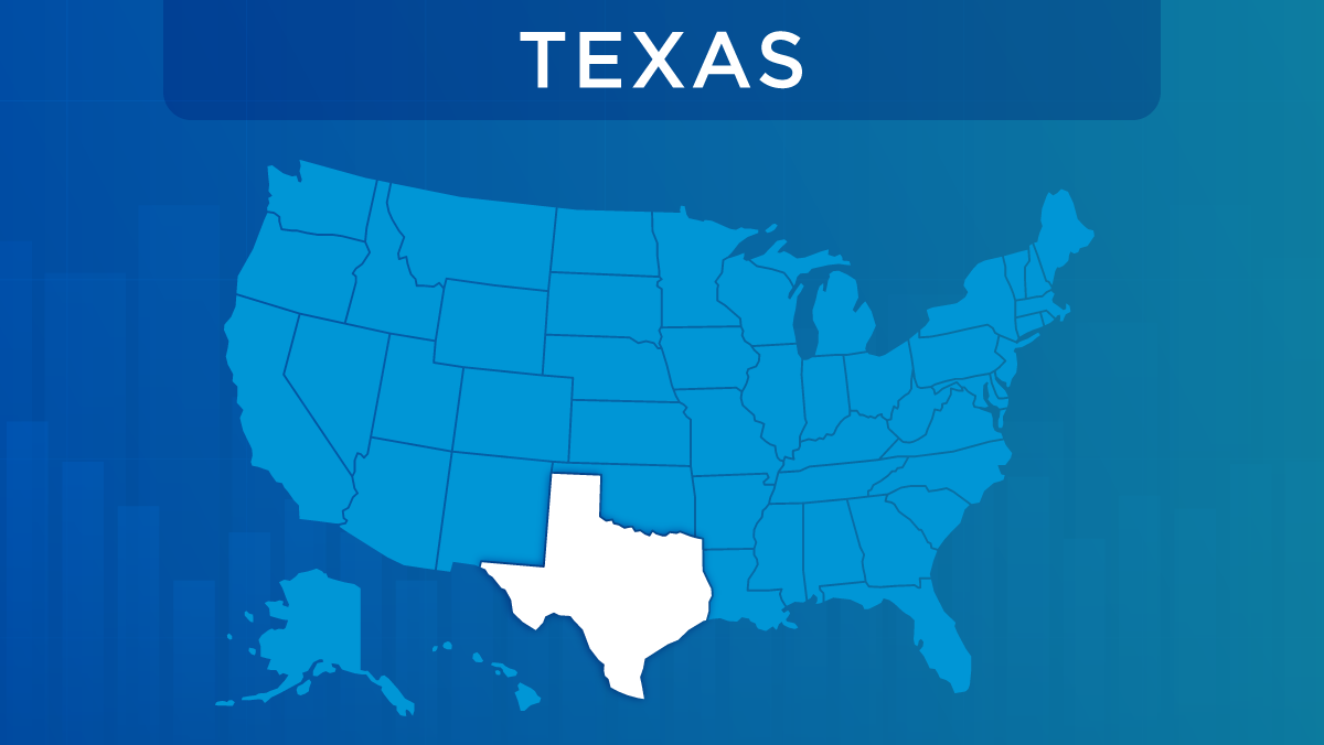 U.S. map with the state of Texas highlighted.