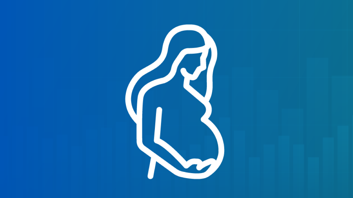An icon of a pregnant person in white on a blue background
