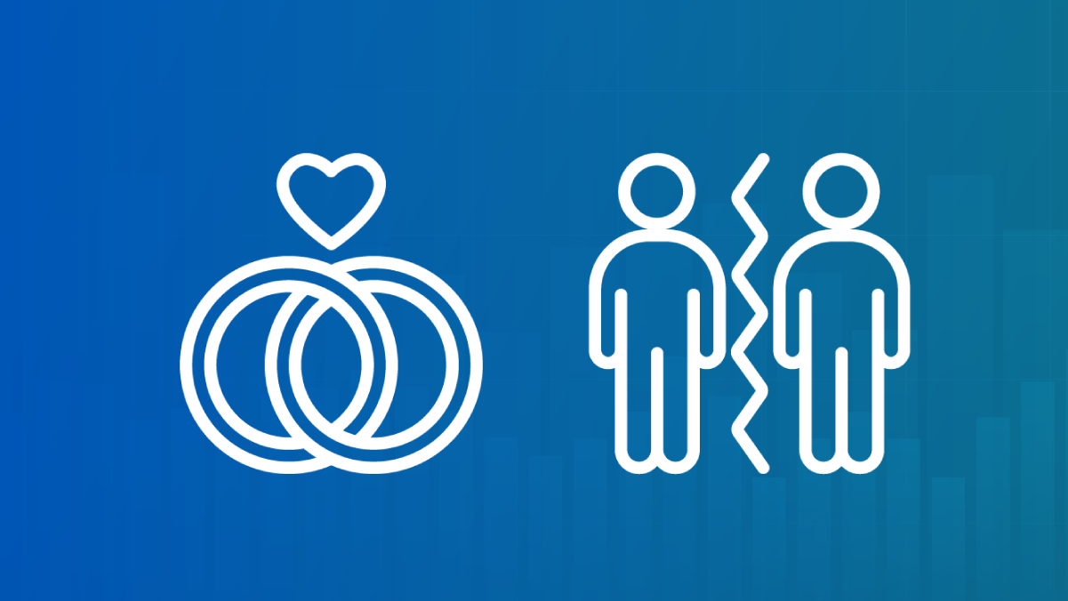 White icons of rings and a split couple on a blue background
