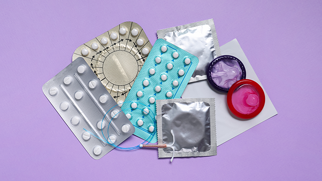 Pills, condoms, and an intrauterine device are a variety of contraceptives used by women.