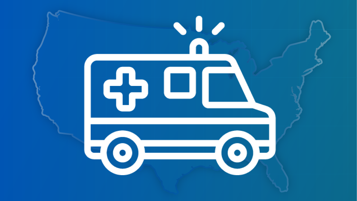 An outline of an ambulance against a U.S. map.