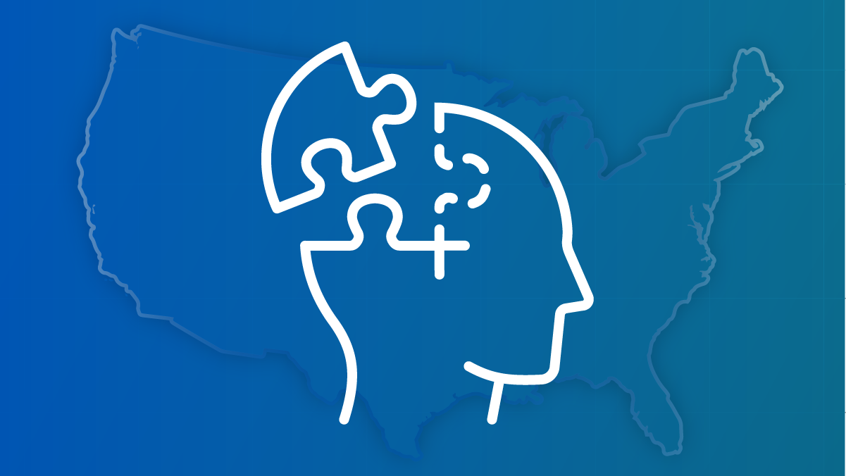 An outline of a person's profile, against a U.S. map, with a puzzle piece detaching from a portion of their head.