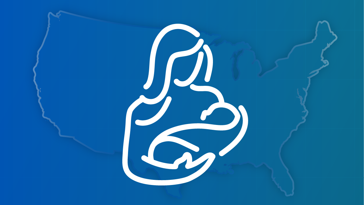 An outline of a woman holding a baby against a backdrop of a U.S. map.