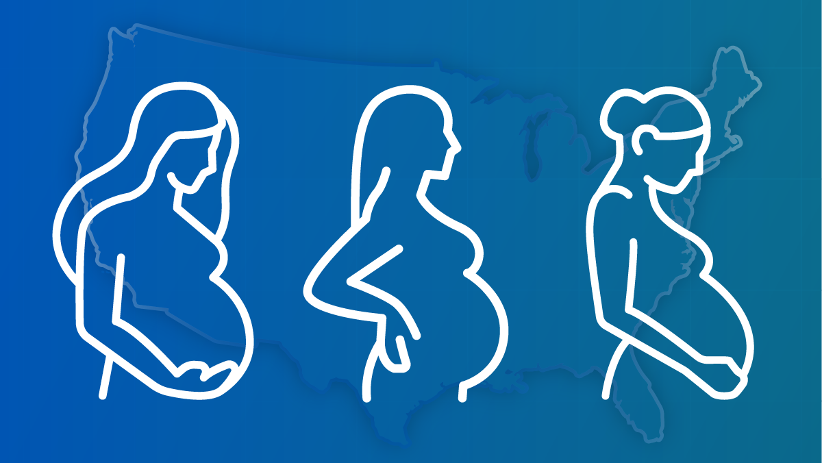 An outline of three pregnant women against a backdrop of a U.S. map.
