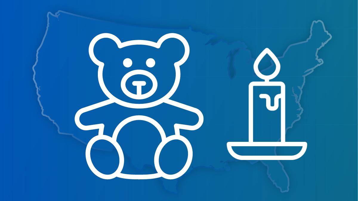 An outline of a teddy bear and a candle against a U.S. map.