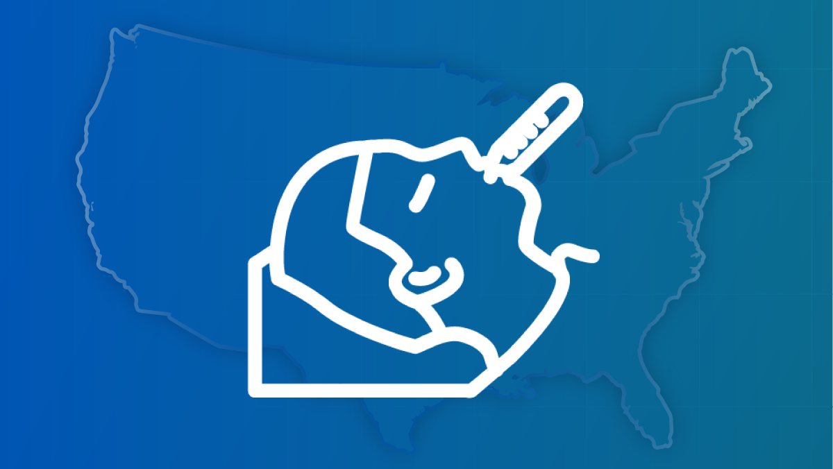 An outline of a sick person lying prone with a thermometer in their mouth against a U.S. map.