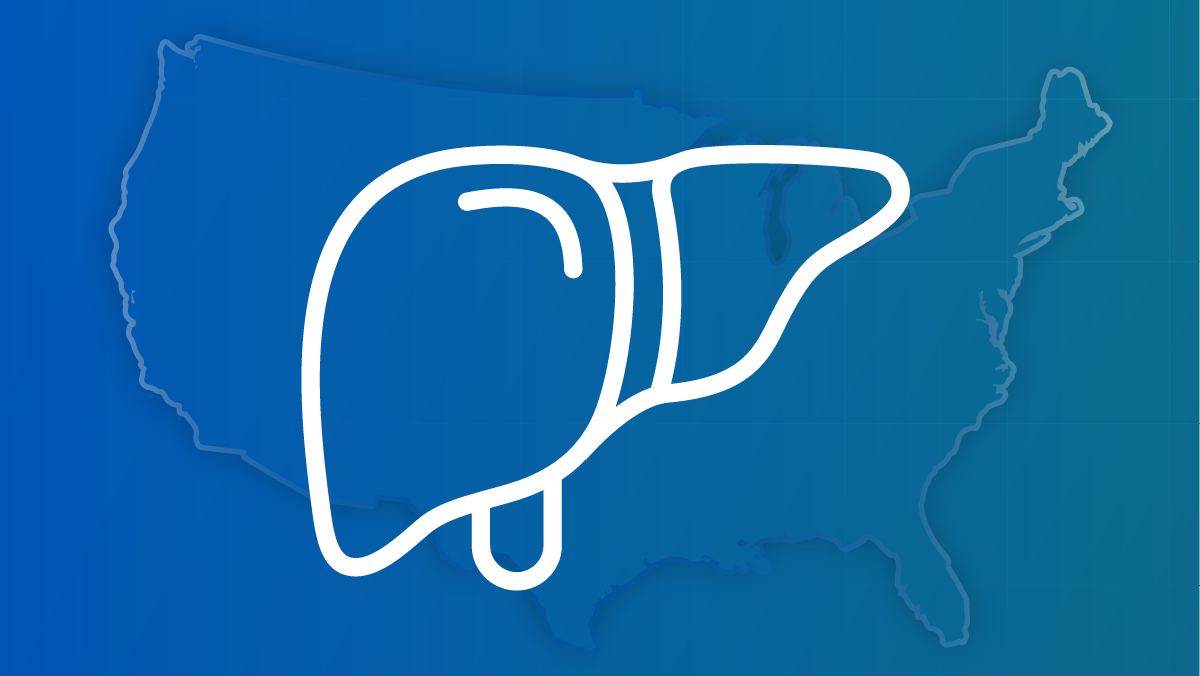 An outline of a liver against a U.S. map.