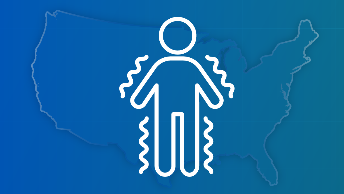 An outline of a person experiencing body tremors against a U.S. map.