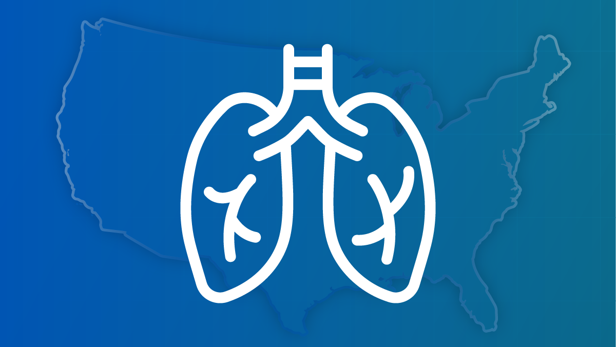 An outline of lungs against a U.S. map.