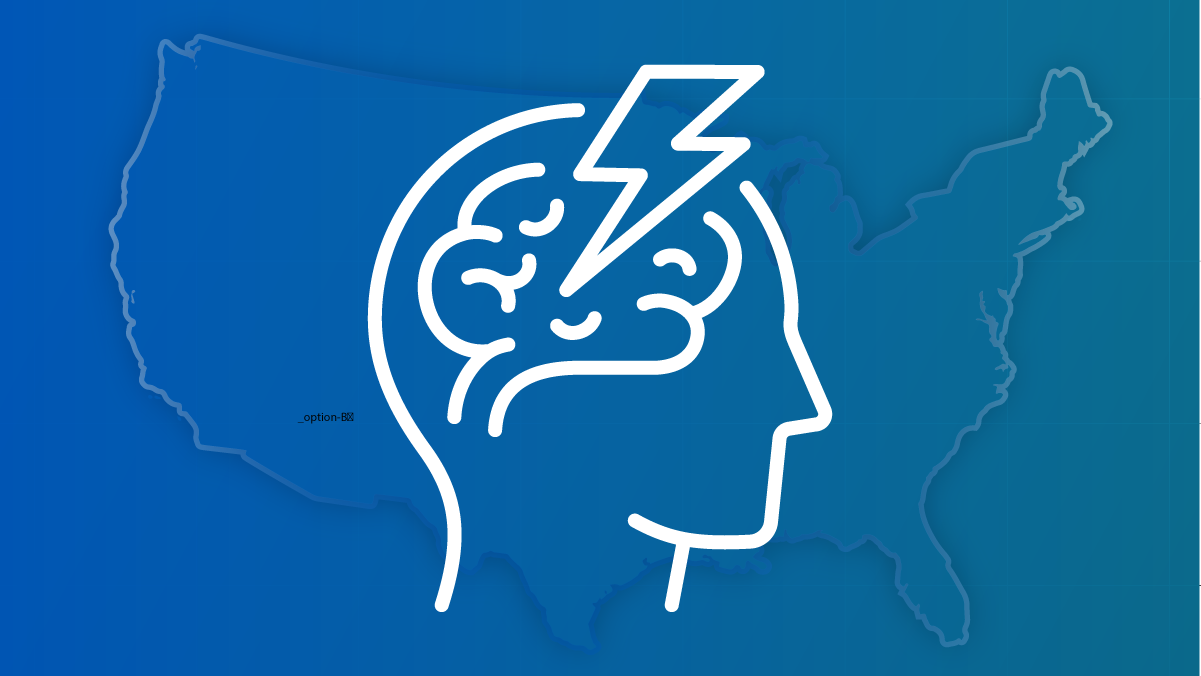 An outline of someone’s profile and brain, set against a U.S. map, with a lightning bolt touching their brain.