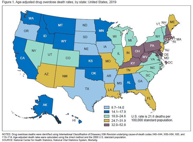 Map of the U.S. showing drug overdose rates by state