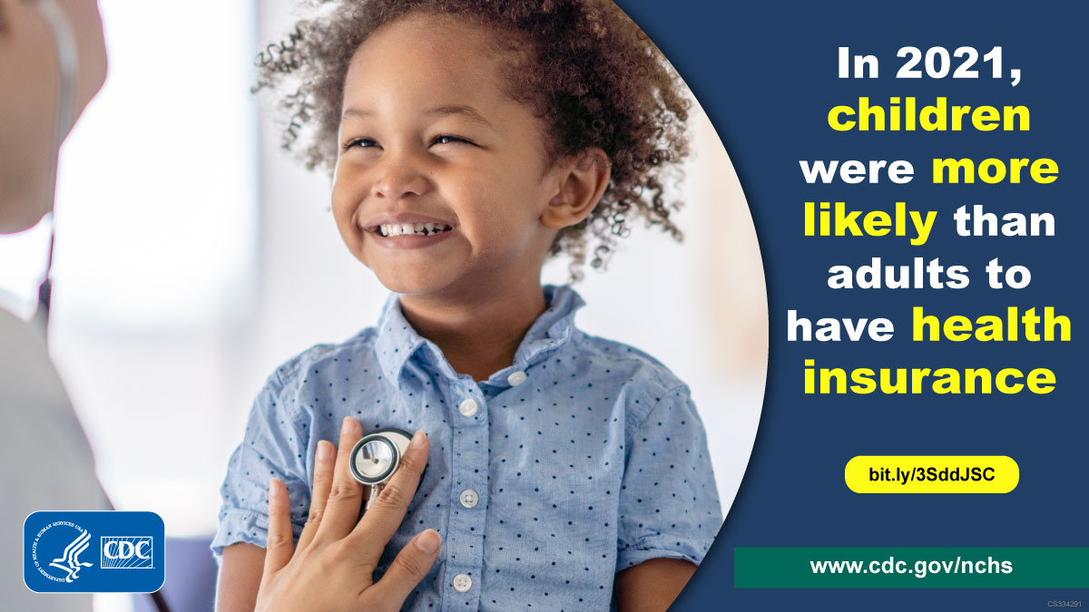 Child smiling while doctor listens to heart. Text says children were more likely than adults to have health insurance in 2021