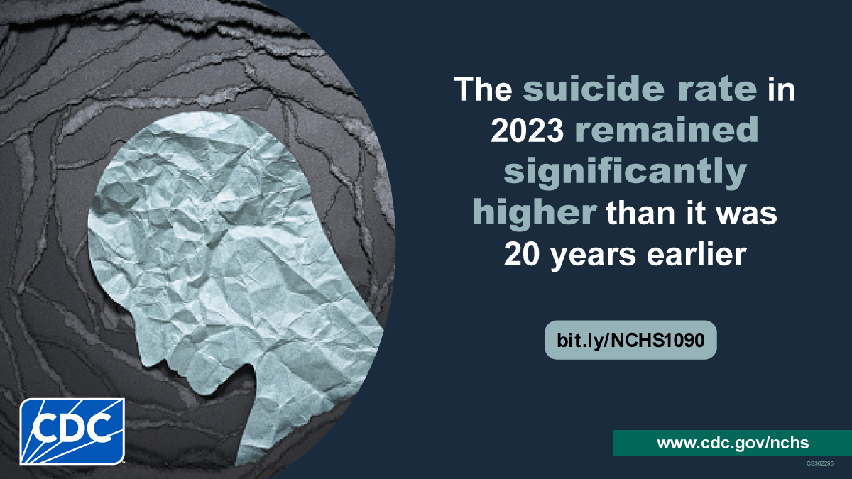 Human head made of paper. Text: "The suicide rate in 2023 remained significantly higher than it was 20 years earlier"