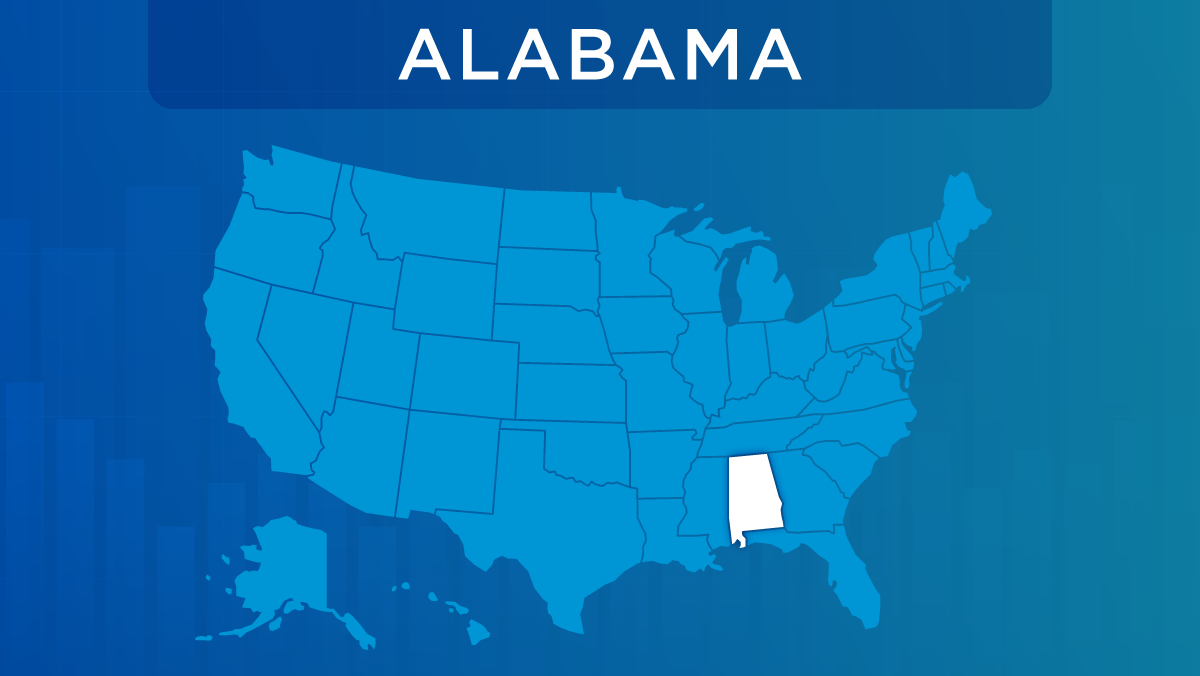Light blue U.S. map on dark blue background. Alabama is in white.