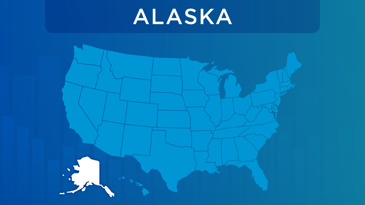 Light blue U.S. map on dark blue background. Alaska is in white.