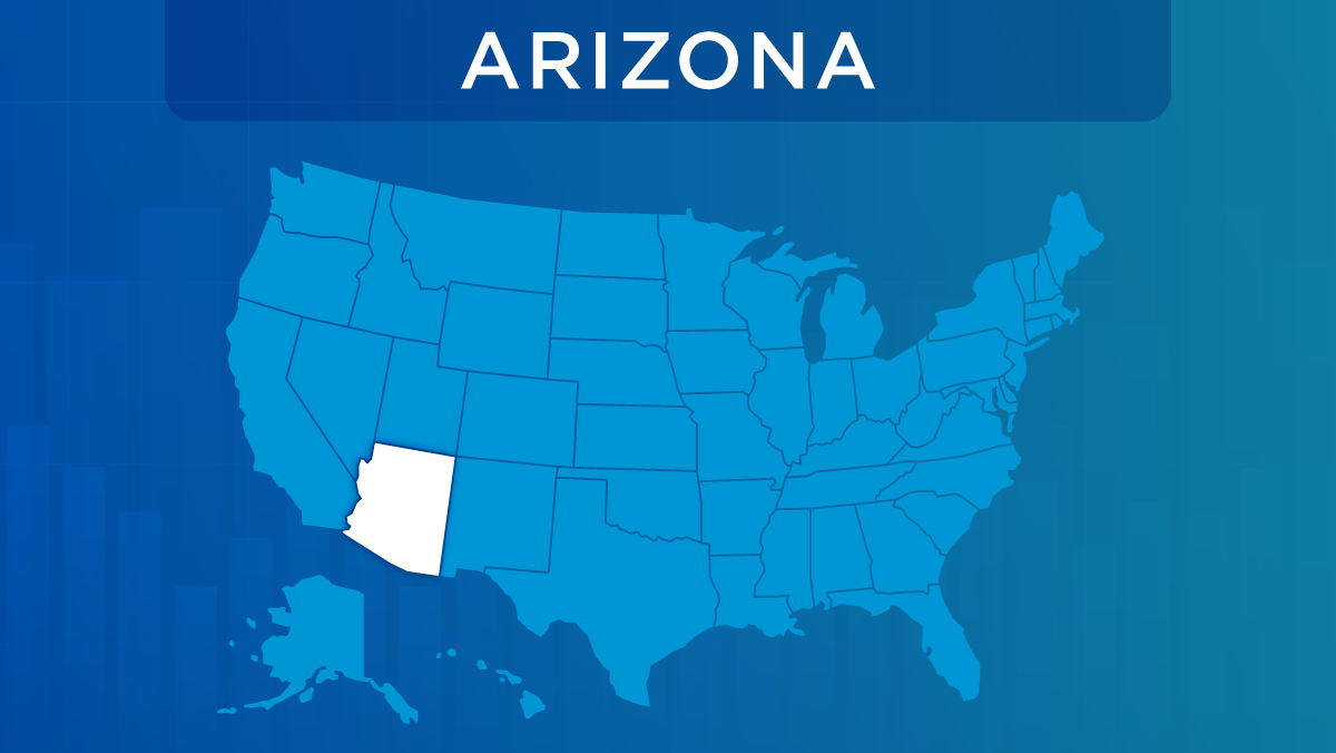 Light blue U.S. map on dark blue background. Arizona is in white.