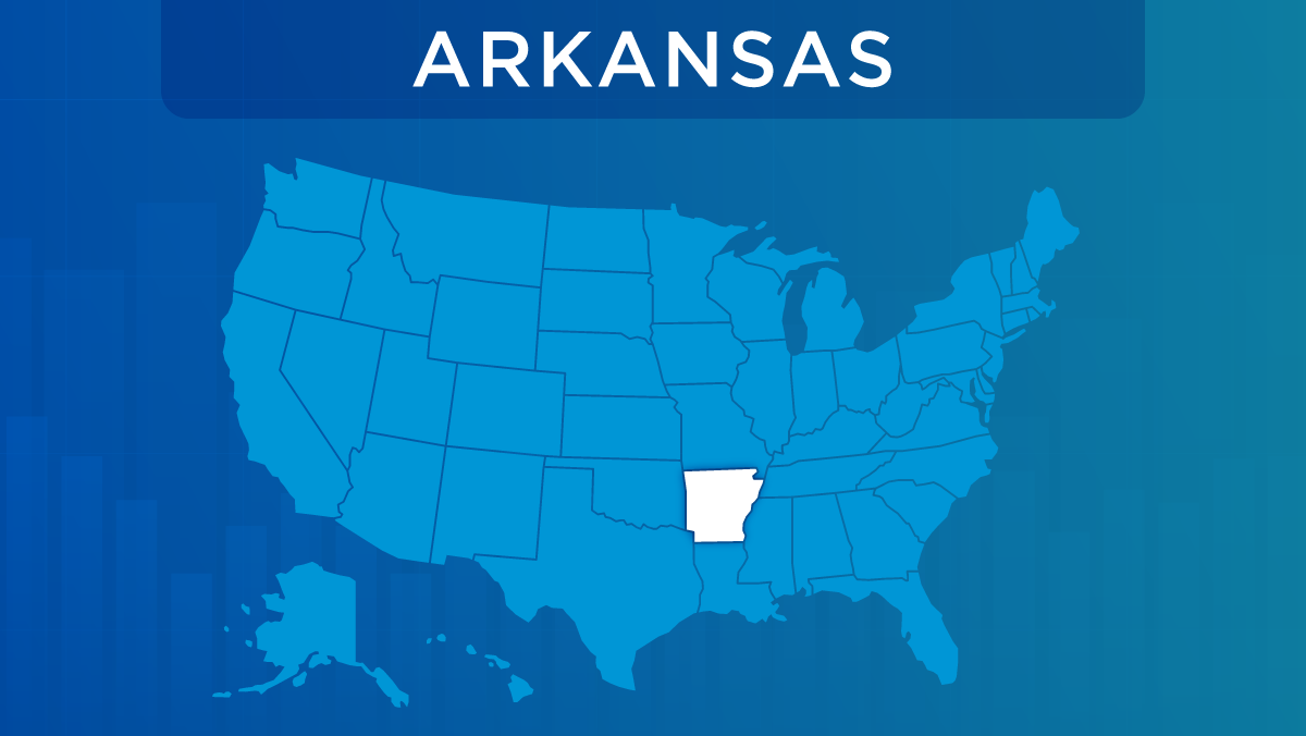 Light blue U.S. map on dark blue background. Arkansas is in white.