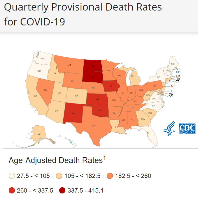 U.S. map showing death rates for COVID-19 by age.