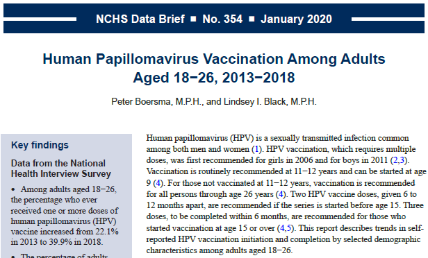 Cropped cover of NCHS Data Brief 354, Human Papillomavirus Vaccination Among Adults Aged 18−26, 2013−2018