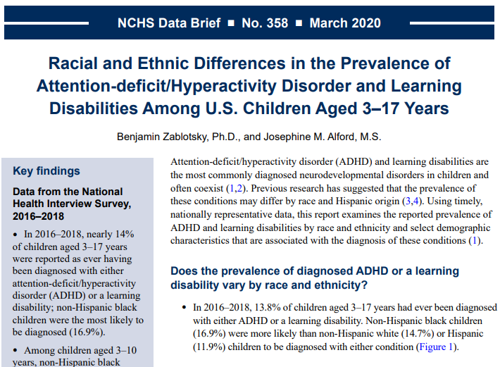Screen shot of first page of data brief: Racial and Ethnic Differences in the Prevalence of Attention-deficit/Hyperactivity Disorder and Learning Disabilities Among U.S. Children Aged 3&ndash;17 Years