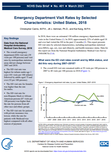 Cover of NCHS Data Brief: Emergency Department Visit Rates by Selected Characteristics: National Hospital Ambulatory Medical Care Survey, United States, 2018.