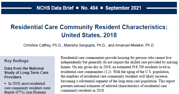 Partial cover of NCHS Data Brief: Residential Care Community Resident Characteristics: United States, 2018