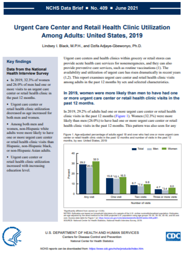 Cover of NCHS Data Brief: Urgent Care Center and Retail Health Clinic Utilization Among Adults: United States, 2019