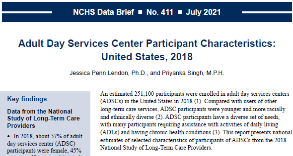 Partial cover of NCHS Data Brief: Adult Day Services Center Participant Characteristics in the United States, 2018