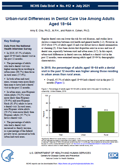 Cover of NCHS Data Brief: Urban-rural Differences in Dental Care Use Among Adults Aged 18–64