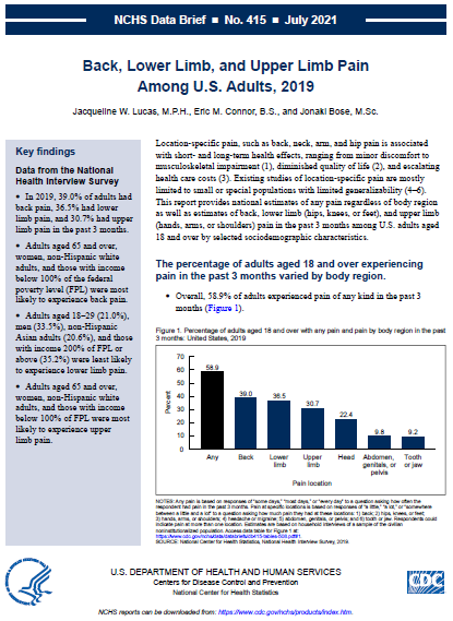 Cover of NCHS Data Brief: Back, Lower Limb, and Upper Limb Pain Among U.S. Adults, 2019